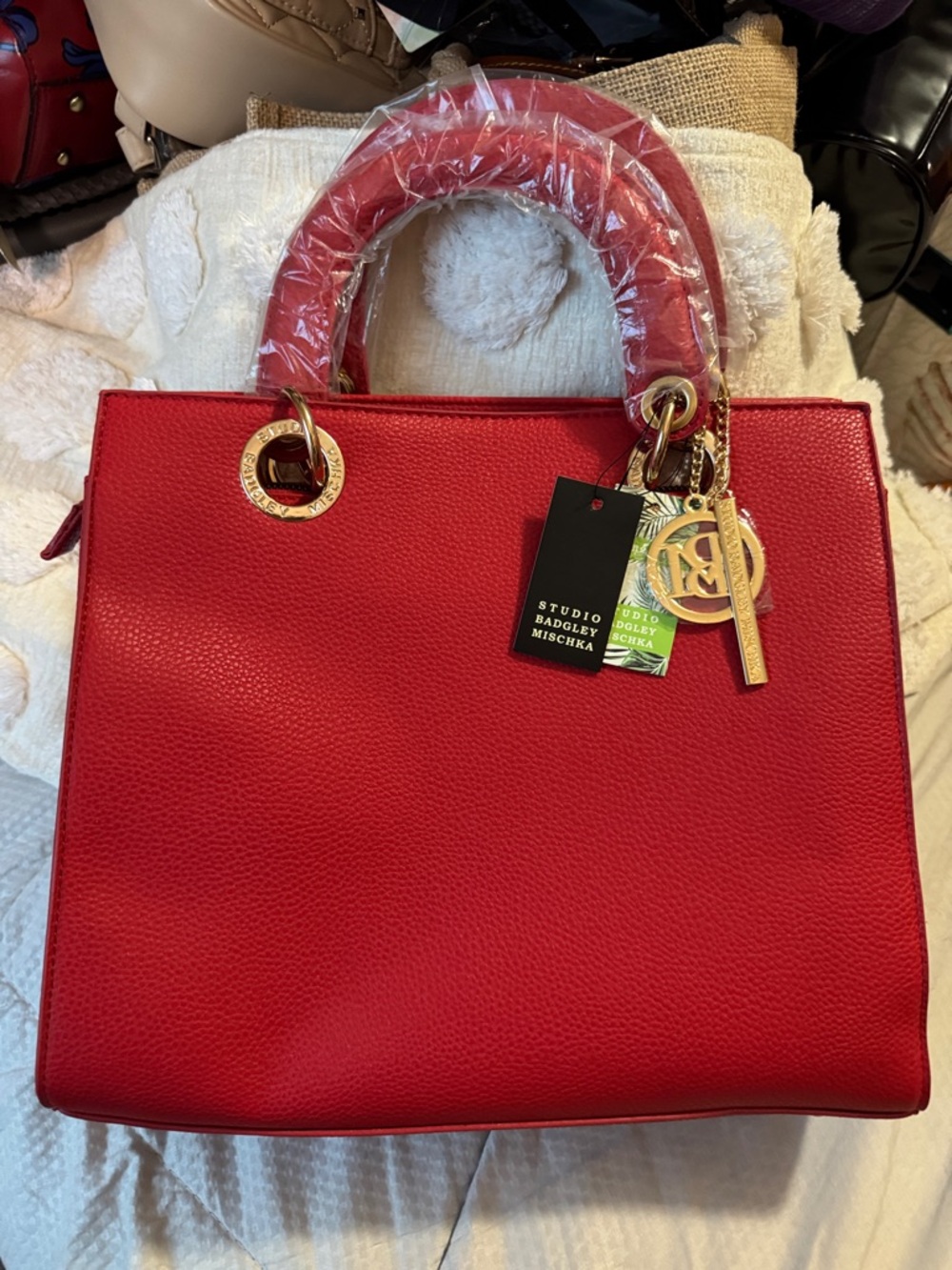 Badgley Mischka Red Pebbled Leather Satchel with Gold Hardware new with tags